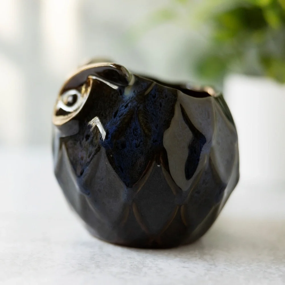 Ceramic Owl Accent Vase in Deep Brown and Blue
